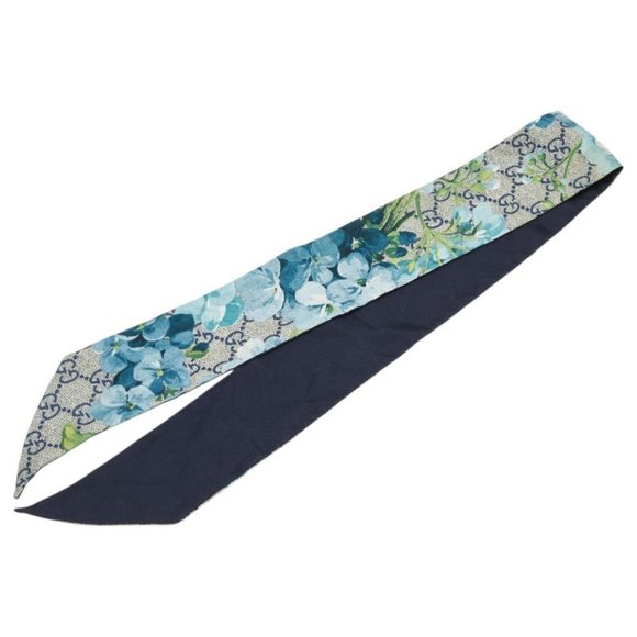 Gucci GG Blooms Neck Bow Scarf, Navy Blue and Multicolor Silk, Women's - Picture 1 of 5